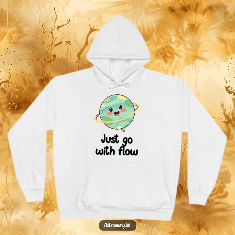 Funny hoodie featuring a cheerful planet character spinning joyfully, offering warmth and a touch of cosmic fun.