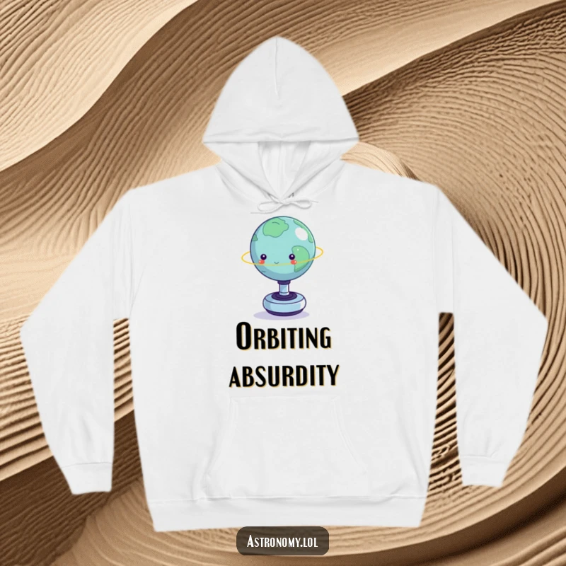 Funny hoodie: A comical tiny planet struggling for balance on a spinning fidget toy, offering warmth and humor.