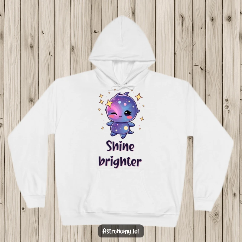 Winking galaxy character swirling with cheerful stardust on a soft hoodie, blending warmth with cosmic wonder.