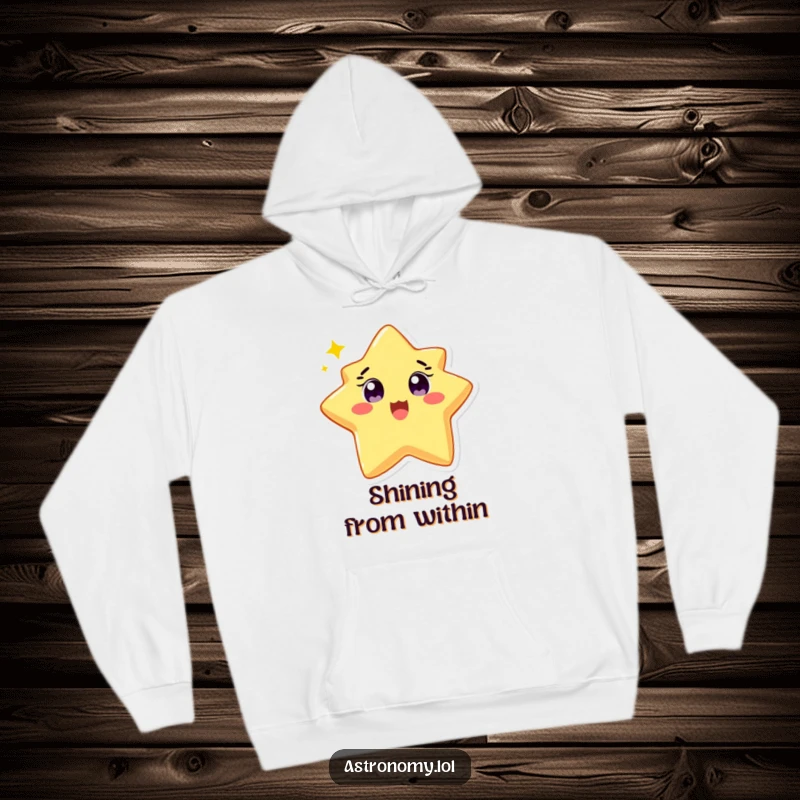 Funny hoodie featuring a delighted star character, twinkling brightly with wide eyes, offering warmth and cheer. Warm gift.