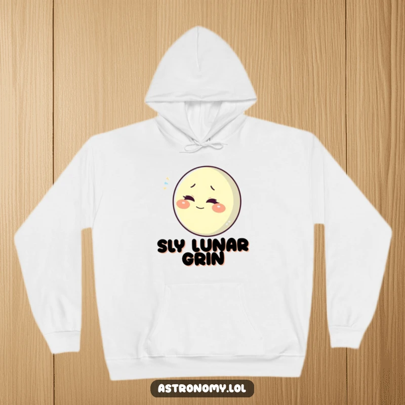 Funny playful moon character winking slyly, offering cozy comfort and humor on a hoodie.