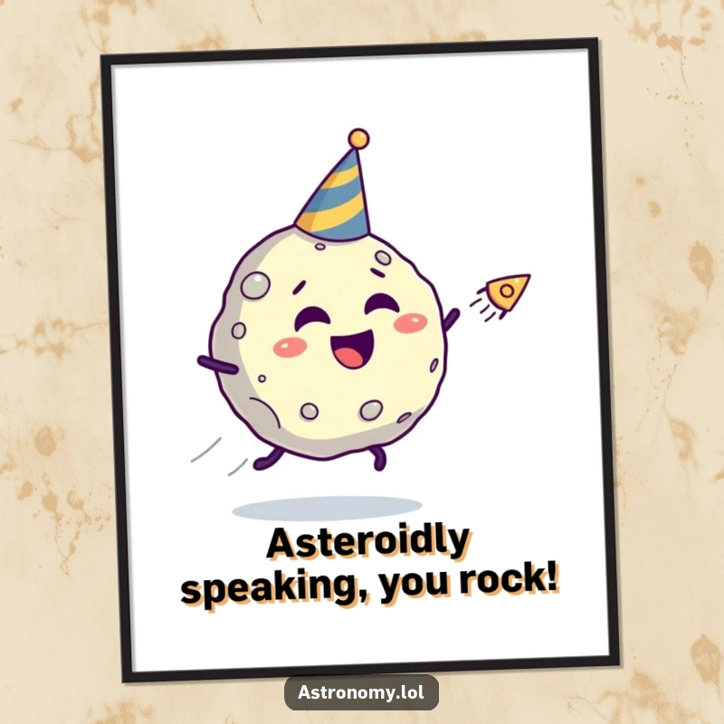 Funny Free Printable Wall Art: A giggling asteroid in a tiny party hat flees from a comet across the cosmos.