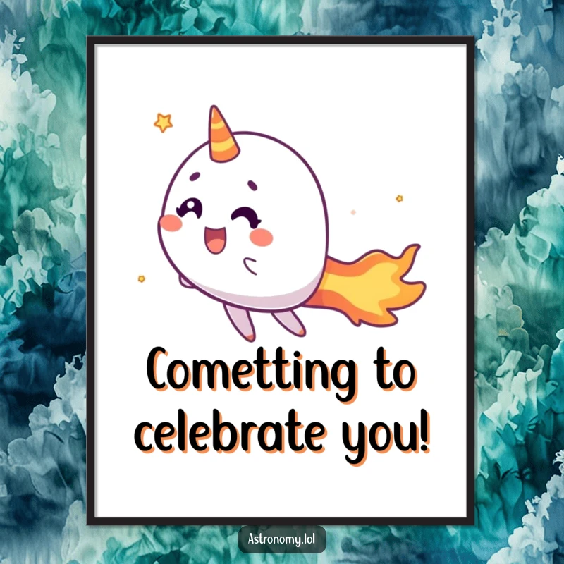 Funny Free Printable Wall Art of a cheerful comet zipping through space with a fiery tail, adding dynamic energy. Downloadable art.