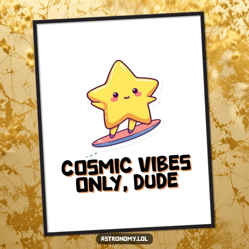 Funny Free Printable Wall Art: Cute star character joyfully surfing on a tiny comet tail, bringing cosmic cheer.