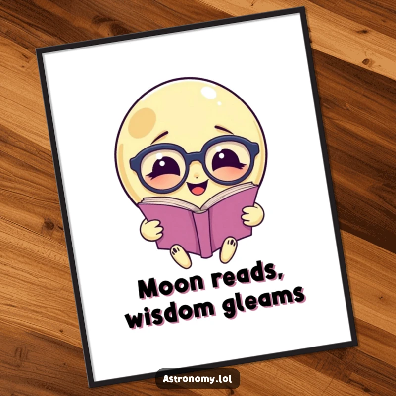 Funny Free Printable Wall Art: A smiling moon dons spectacles to read a large book, exuding wisdom and calm.