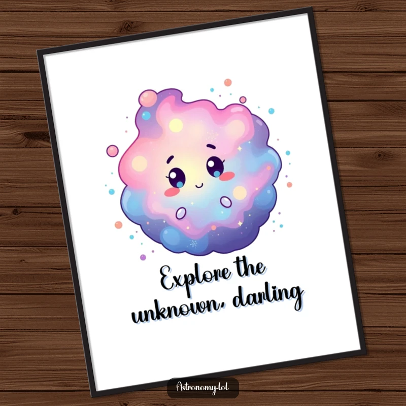 Funny Free Printable Wall Art depicting a curious nebula character with vibrant, swirling cosmic dust, adding a touch of humor to any room.
