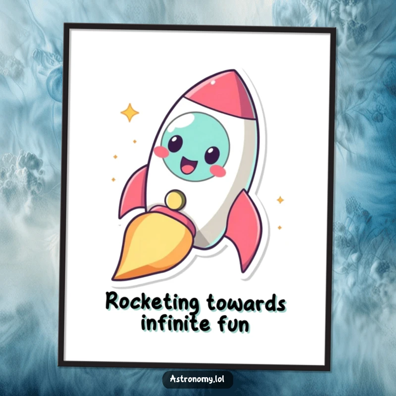 Funny Free Printable Wall Art: A smiling rocketship character blasts off with great speed against a vibrant sky.