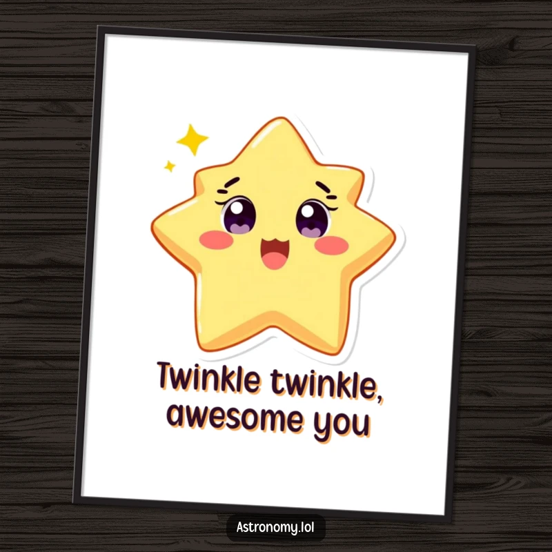 Funny Free Printable Wall Art of a delighted star character twinkling brightly with wide eyes, perfect for a cheerful space.