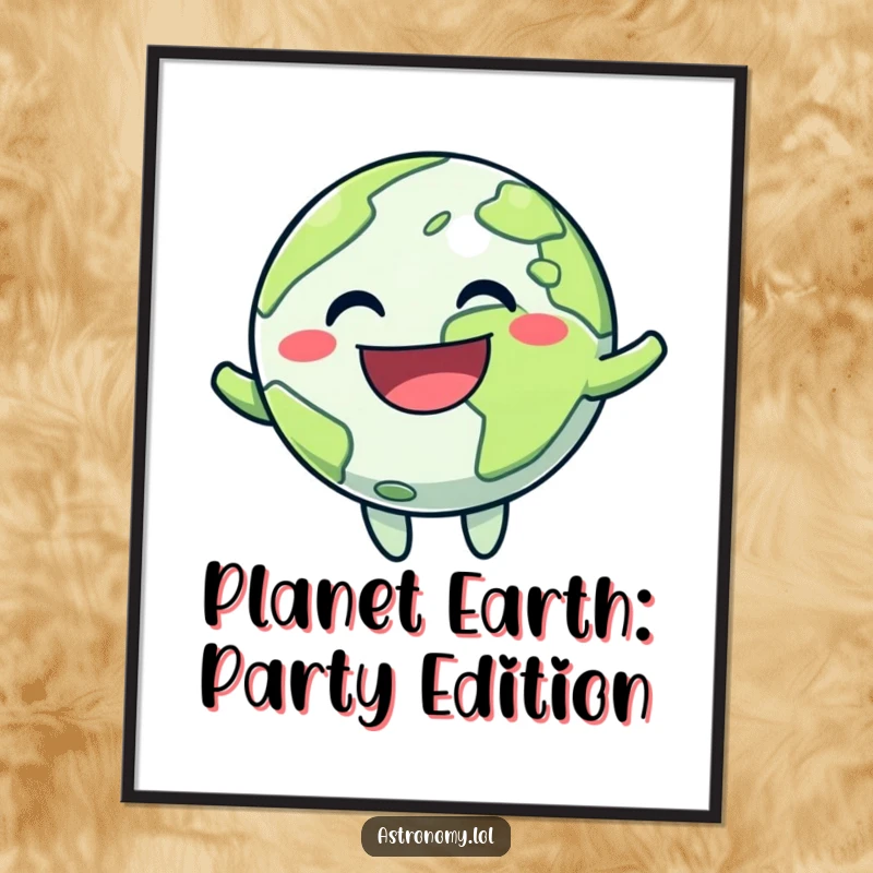 Funny Free Printable Wall Art: A cute, round planet character with a wide, joyful grin, bouncing happily in space.