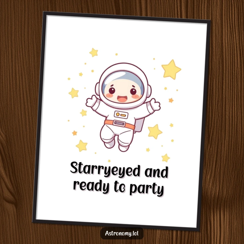 Funny Free Printable Wall Art capturing a cute astronaut joyfully floating amongst a starry sky, bringing whimsical charm. Downloadable art.