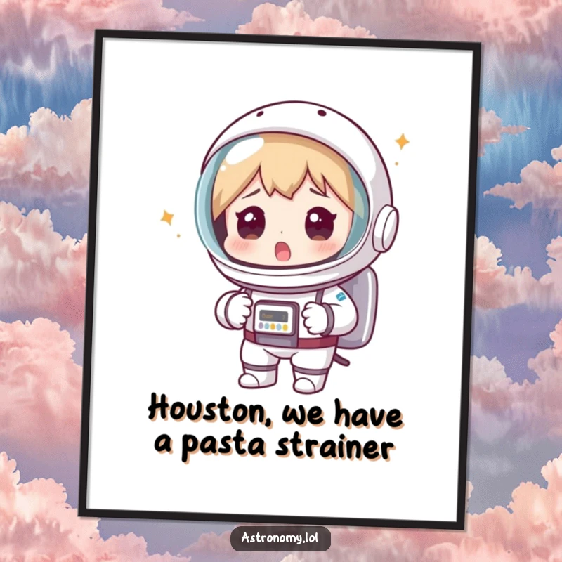 Funny Free Printable Wall Art: Surprised astronaut wearing a colander as a helmet, looking hilariously confused.