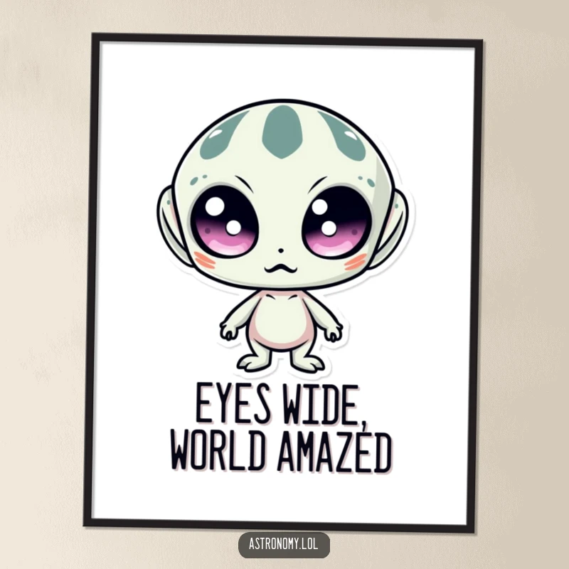 Funny Free Printable Wall Art: Alien with enormous, surprised eyes gazes out with comical wonder.