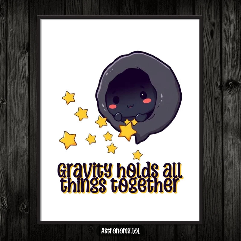 Funny Free Printable Black Hole Wall Art depicting a cute character playfully sucking in tiny stars, adding cosmic humor to decor.