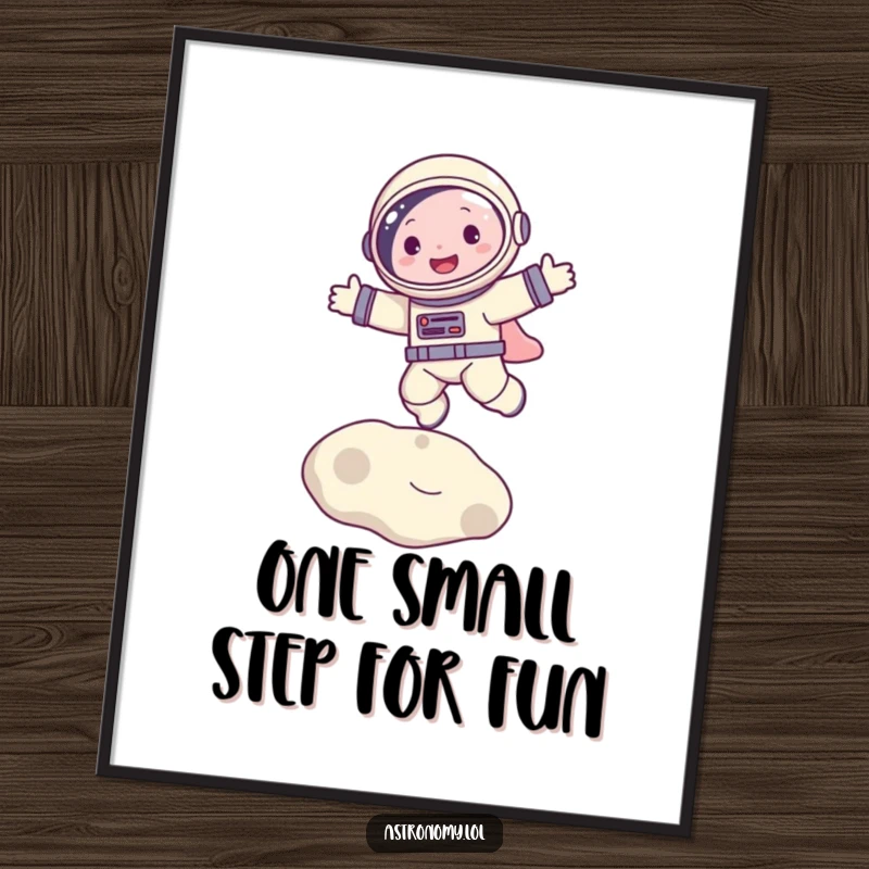 Funny Free Printable Wall Art: A cheerful astronaut gleefully bouncing on the moon, creating a humorous space scene.