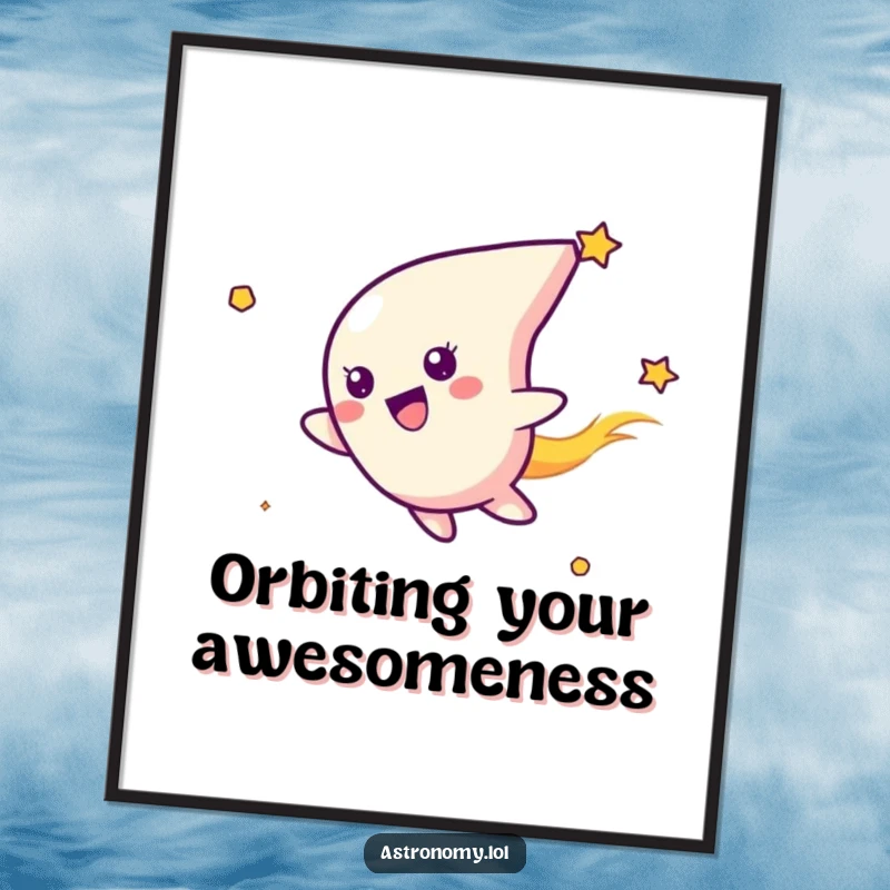 Funny Free Printable Wall Art: A delighted comet character with a huge grin, leaving a bright trail as it zooms through outer space.