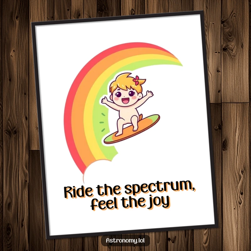Funny Free Printable Wall Art: Happy character joyfully surfing a bright rainbow across a clear sky.