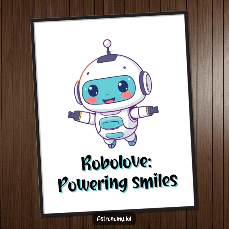 Funny free printable robot wall art featuring a small, smiling robot companion floating contentedly, adding a touch of whimsical charm to any room.