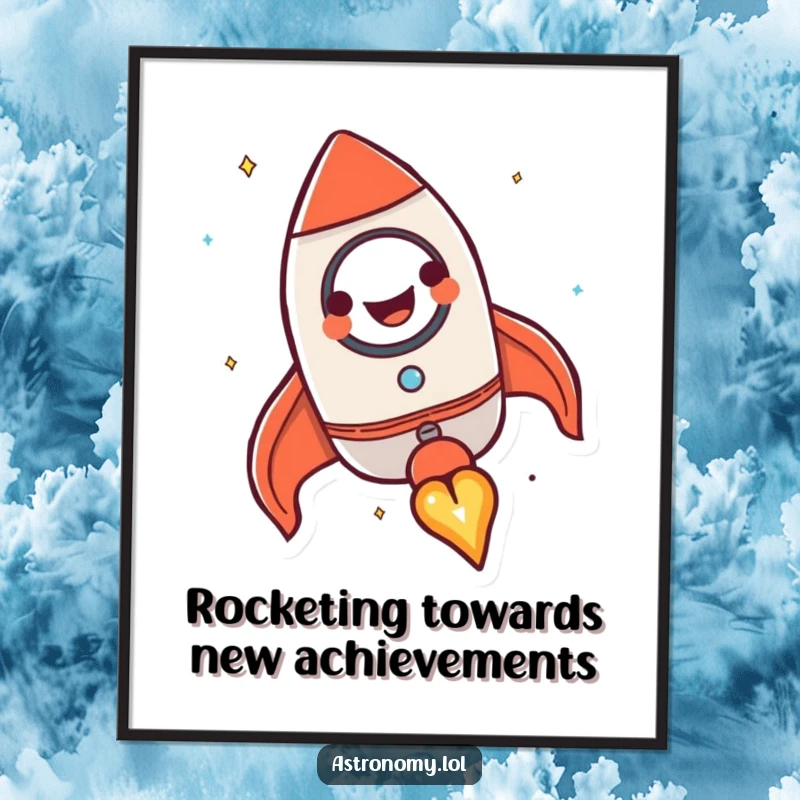 Funny Free Printable Wall Art of a happy rocket ship blasting off with a grin, bringing adventurous vibes. Downloadable art.