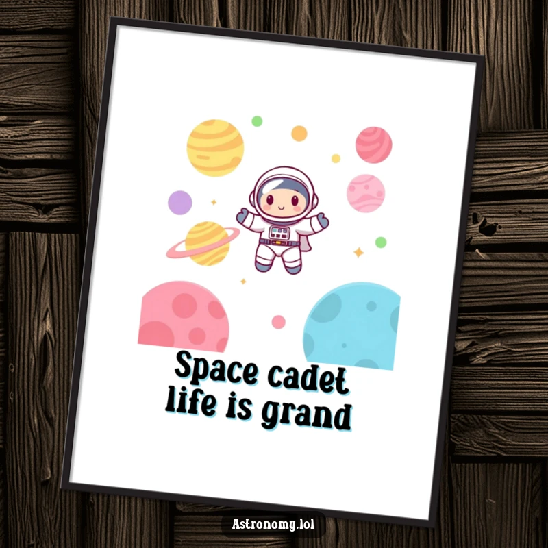 Funny Free Printable Wall Art: Adorable astronaut joyfully suspended, surrounded by colorful planets, adding humor to any room.
