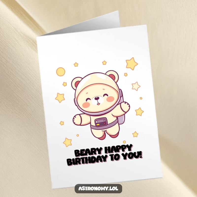 Funny Free Printable Birthday Card featuring a giggling astronaut bear cub joyfully floating among vibrant stars in space.