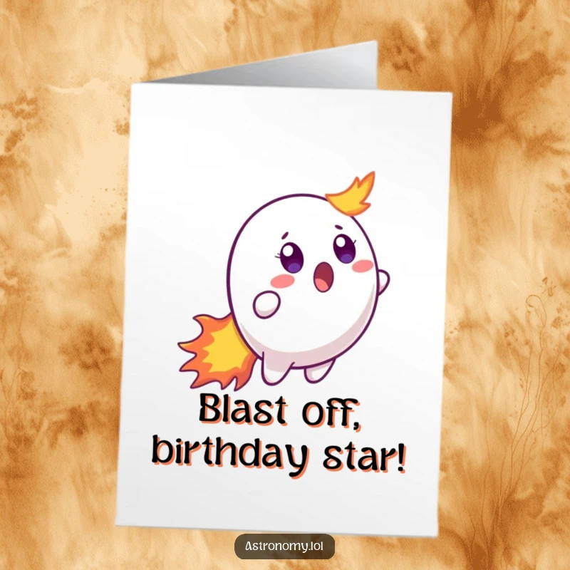 Funny Free Printable Birthday Card featuring a surprised comet character with a fiery tail, ready for a cosmic celebration.
