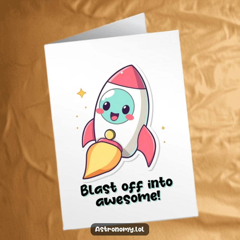 Funny Free Printable Birthday Card: A cheerful rocketship character blasts off into the sky with a wide, happy smile.