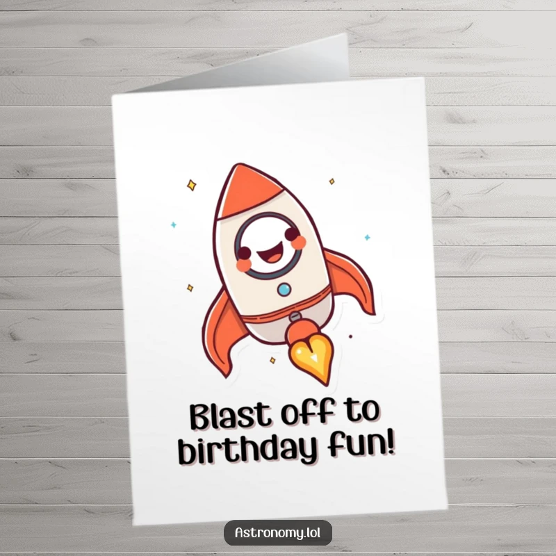 Funny Free Printable Birthday Card featuring a happy rocket ship blasting off with a huge grin, perfect for launching fun. Downloadable gift.