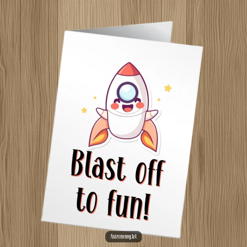 Funny Free Printable Birthday Card with a playful rocket character blasting off with a smile, ready for adventure.