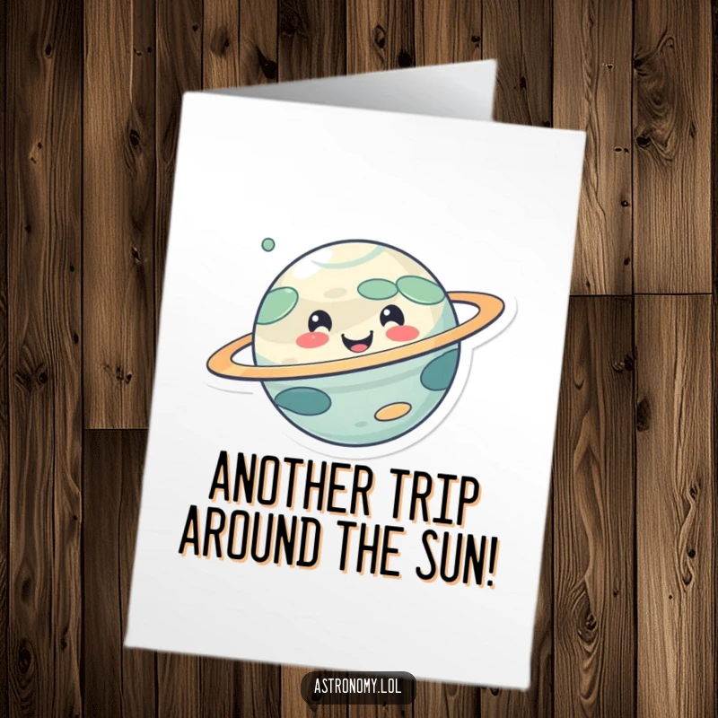 Funny Free Printable Birthday Card: Cute smiling planet character spinning with joy, perfect for a cheerful celebration.