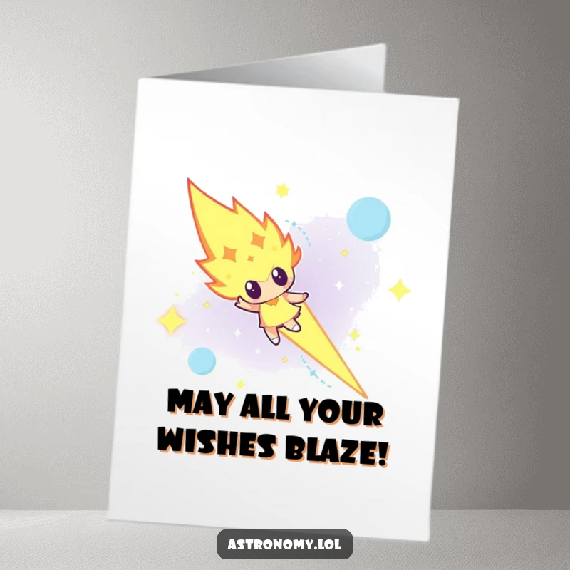 Funny Free Printable Birthday Card: A determined meteor character blazing intensely across the night sky, full of energy.