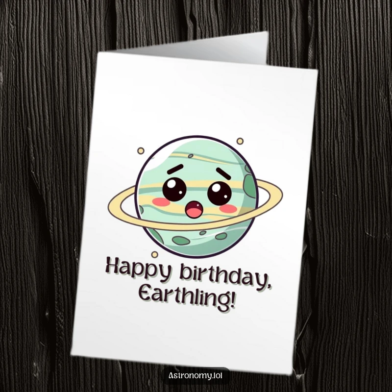 Funny Free Printable Birthday Card: a surprised planet character spinning joyfully, ideal for a fun-filled celebration. Downloadable gift.