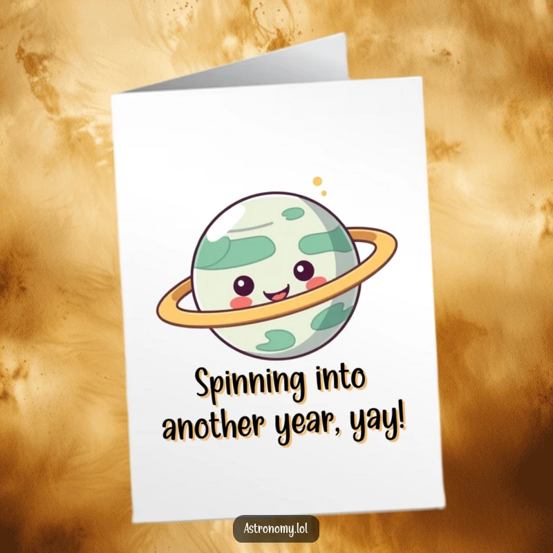 Funny Free Printable Birthday Card: Goofy planet character with colorful rings spinning wildly, ready to celebrate.