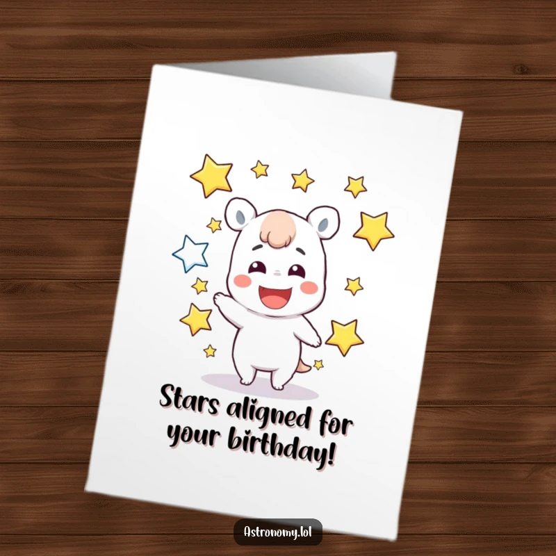 Funny Free Printable Birthday Card featuring a grinning character expertly juggling glowing stars, spreading joyous birthday vibes.