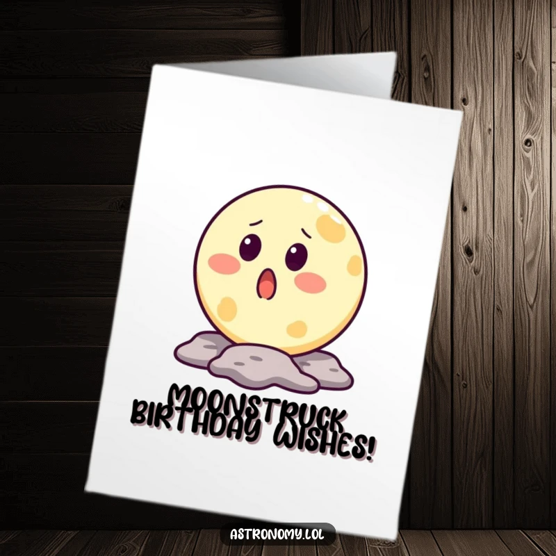 Funny Free Printable Birthday Card: Surprised moon character with a crater mouth, reacting comically to a birthday celebration.