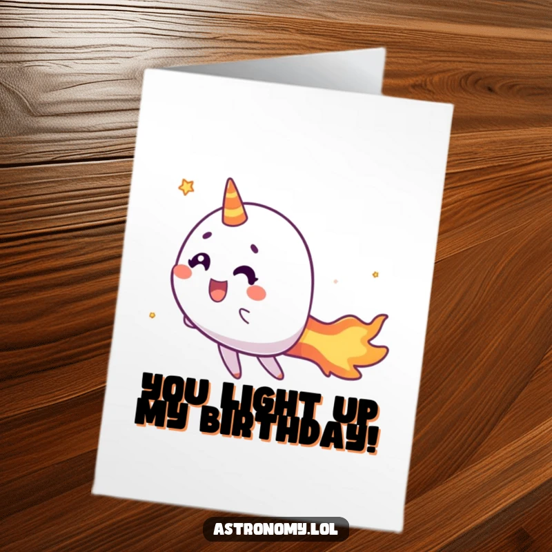 Funny Free Printable Birthday Card featuring a cheerful comet zipping by with a fiery tail, perfect for celebrating. Downloadable gift.