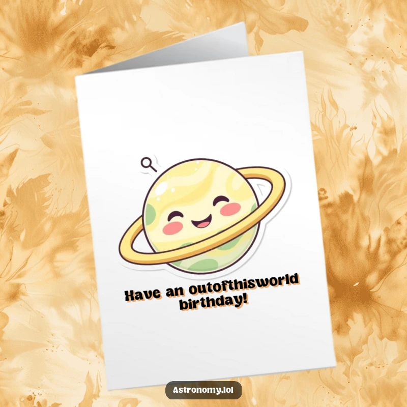 Funny Free Printable Birthday Card: A happy planet character joyfully spins its colorful rings against a starry backdrop.
