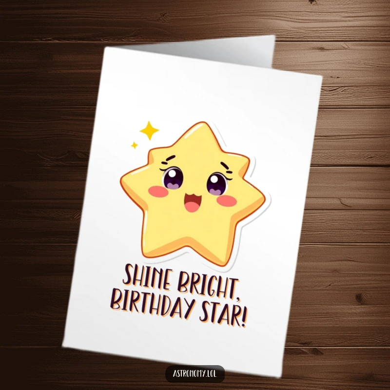 Funny Free Printable Birthday Card featuring a delighted star character twinkling brightly with wide eyes, sending joyful birthday wishes.