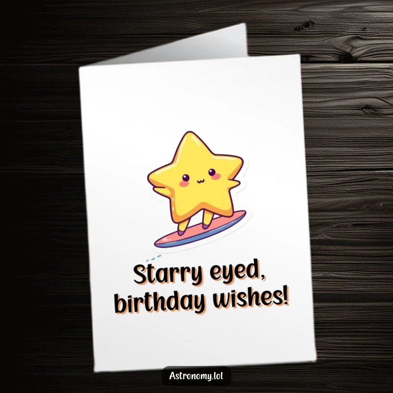 Funny Free Printable Birthday Card: Cute star character surfing joyfully on a tiny comet tail, sending birthday wishes.