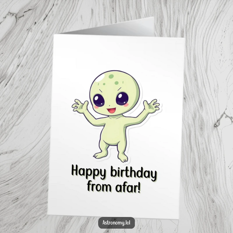 Funny Free Printable Birthday Card: A cheerful, bouncing alien with three arms waving hello, celebrating birthdays with extraterrestrial joy.