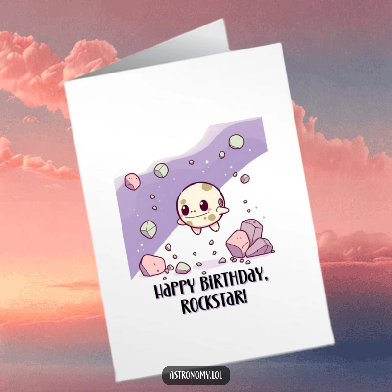 Funny Free Printable Birthday Card: A determined asteroid character navigates through debris with resolve, celebrating your journey.