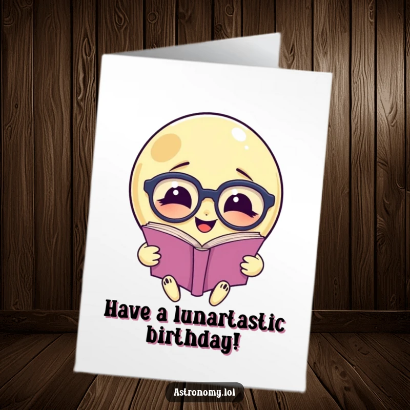 Funny Free Printable Birthday Card: A smiling moon wearing large spectacles intently reads a book under the night sky.