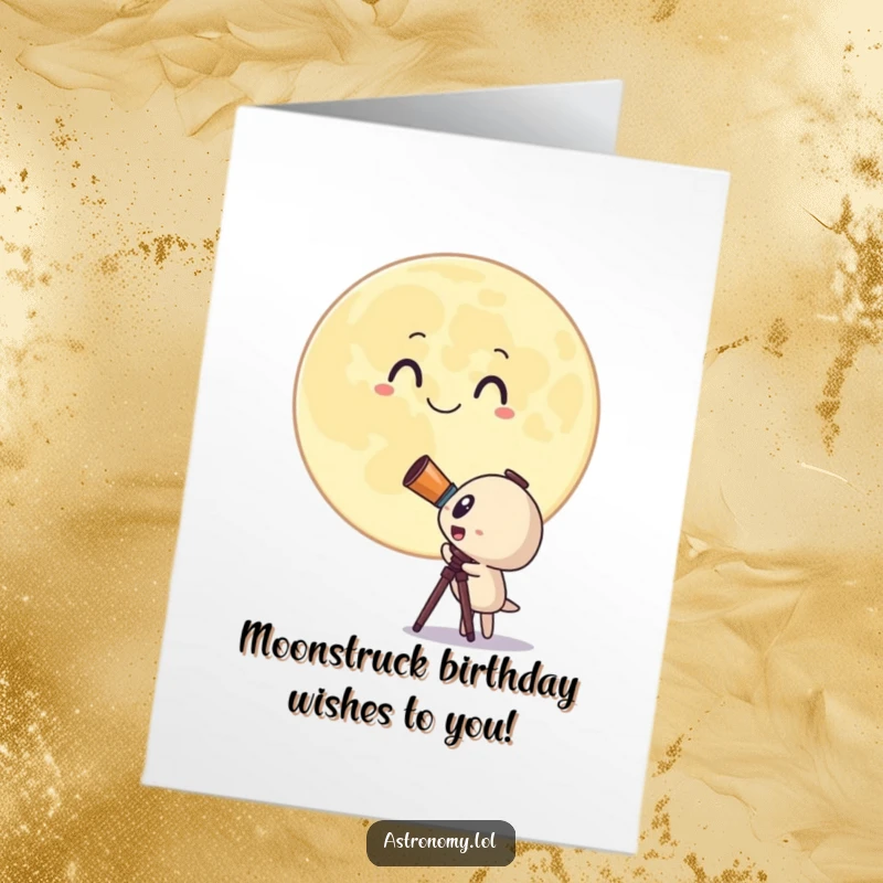 Funny Free Printable Birthday Card showing a surprised telescope character looking at a giant, smiling moon, celebrating with humor.