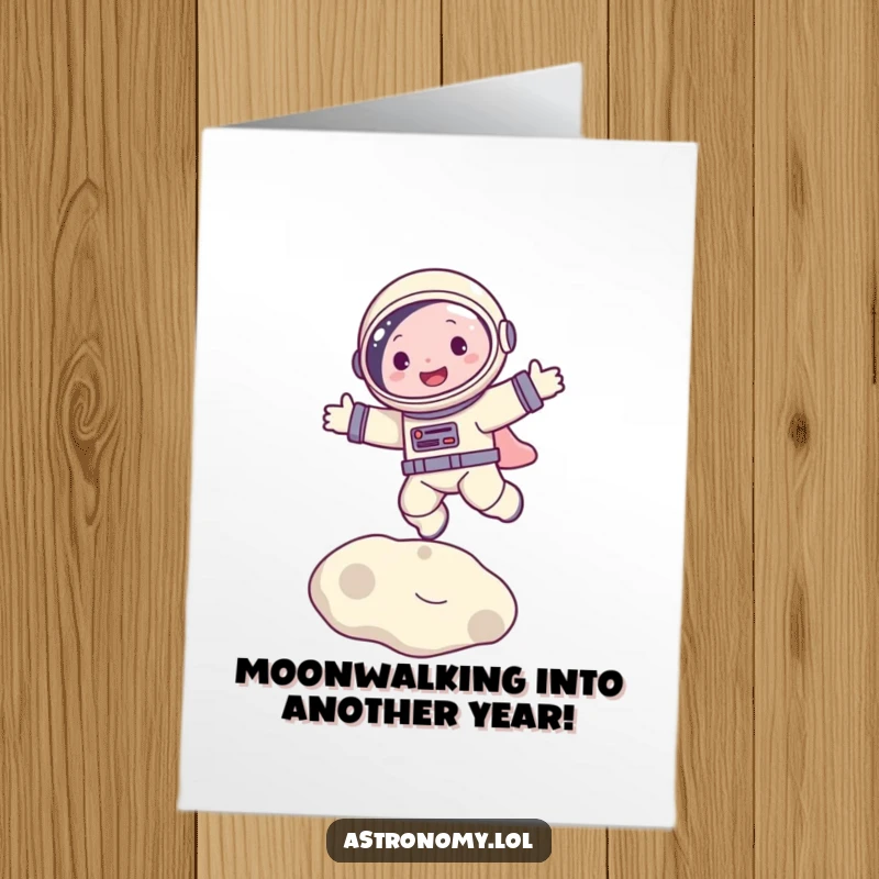 Funny Free Printable Birthday Card: A cheerful astronaut bouncing with joy on the moon, celebrating with laughter.
