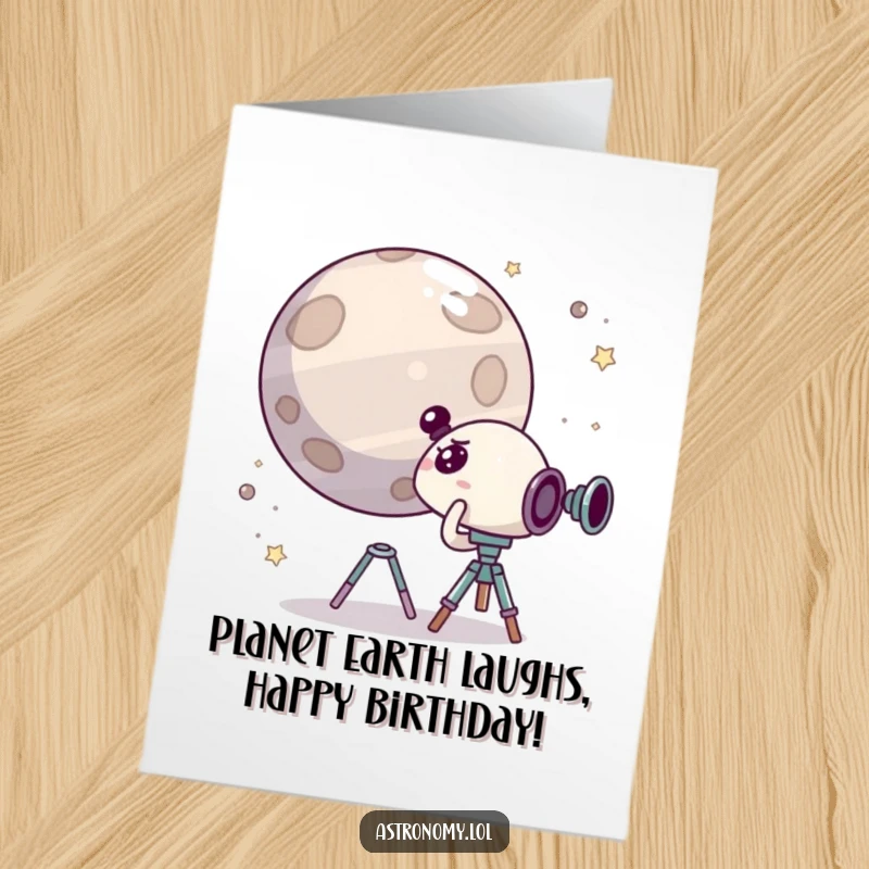 Funny Free Printable Birthday Card: Surprised character sees a giggling planet through a telescope.