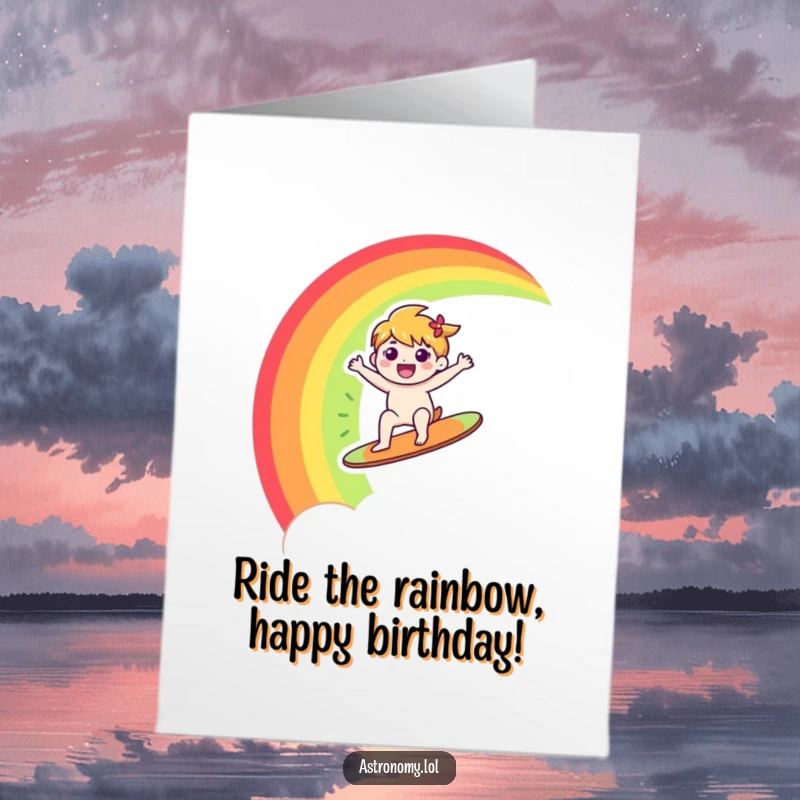 Funny Free Printable Birthday Card: Happy character surfing a vibrant rainbow across a colorful sky.