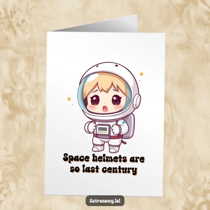 Funny Free Printable Birthday Card: Surprised astronaut rocking a colander as helmet, ready for laughs.