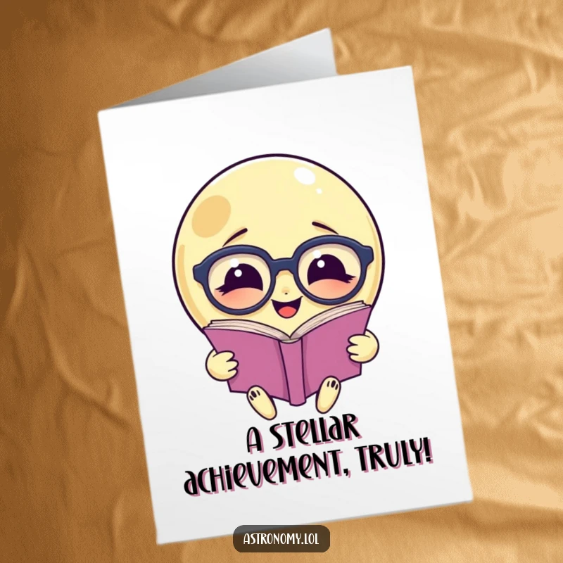 Funny Free Printable Congrats Card: A smiling moon with oversized glasses reads a book, acknowledging a brilliant accomplishment.