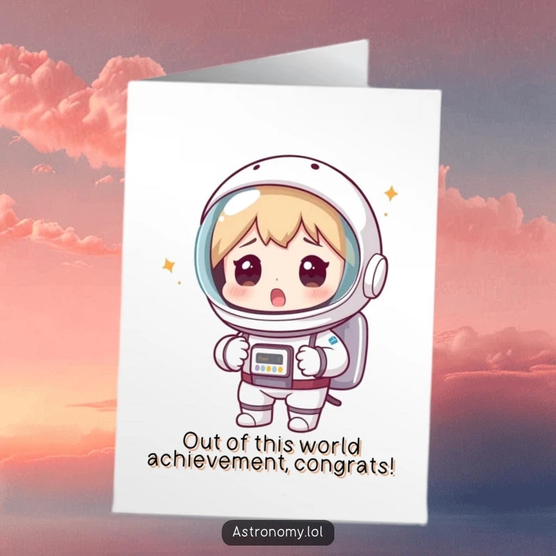 Funny Free Printable Congrats Card: Astonished astronaut in a colander helmet celebrating a big win.