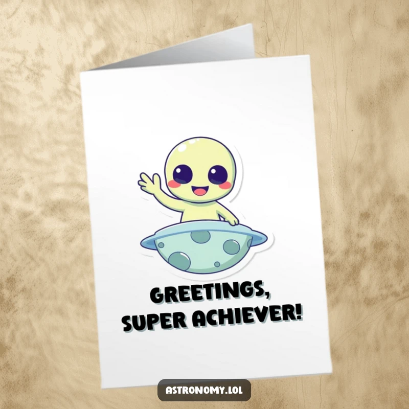 Free Printable Congratulations Card: A cheerful alien character waving a friendly hello from a vibrant, alien planet.