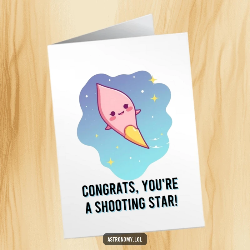 Funny Free Printable Congrats Card: Giggling comet character streaking across the sky, celebrating success with joy.